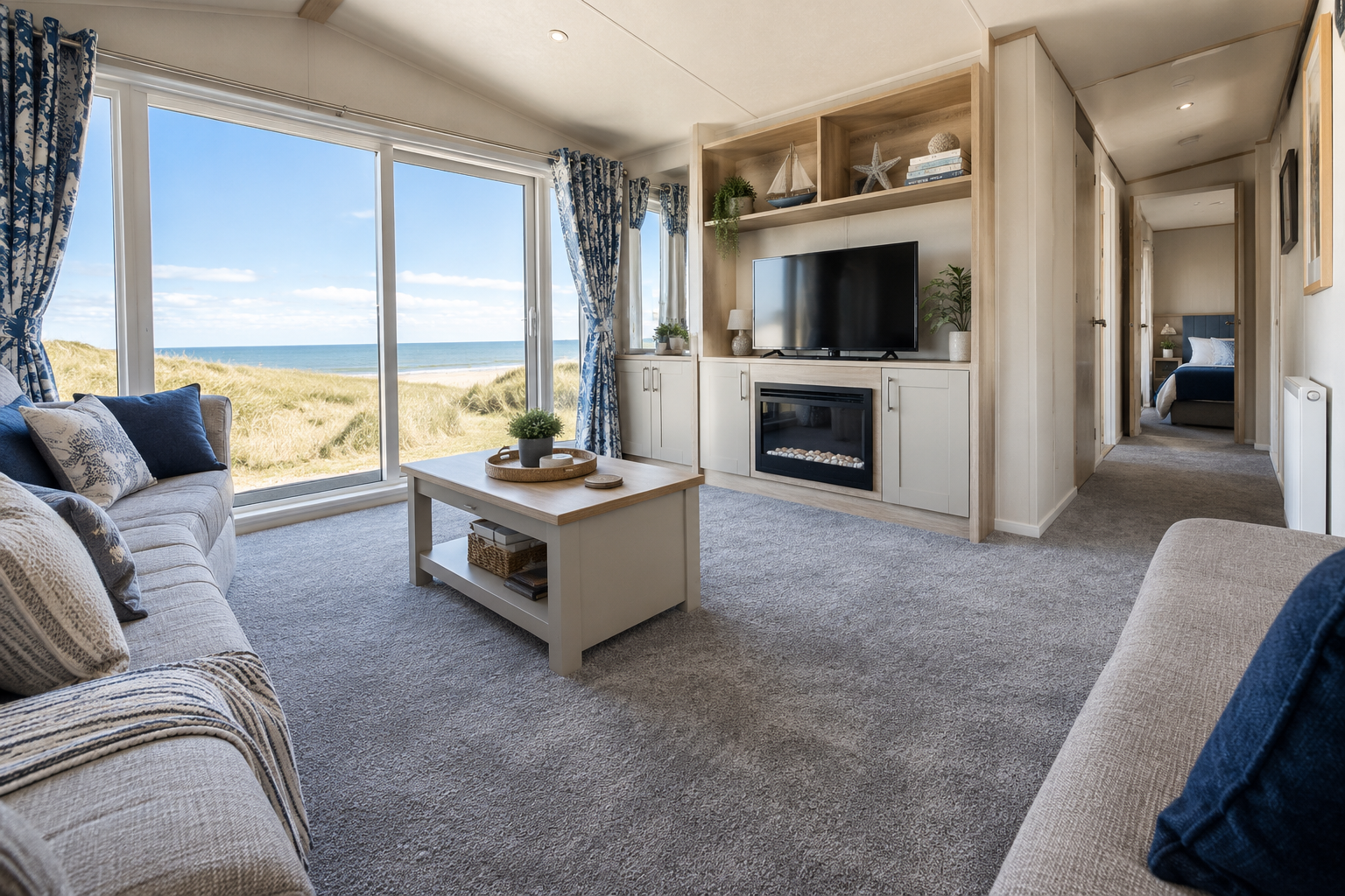 Static caravan lounge with newly fitted grey carpet